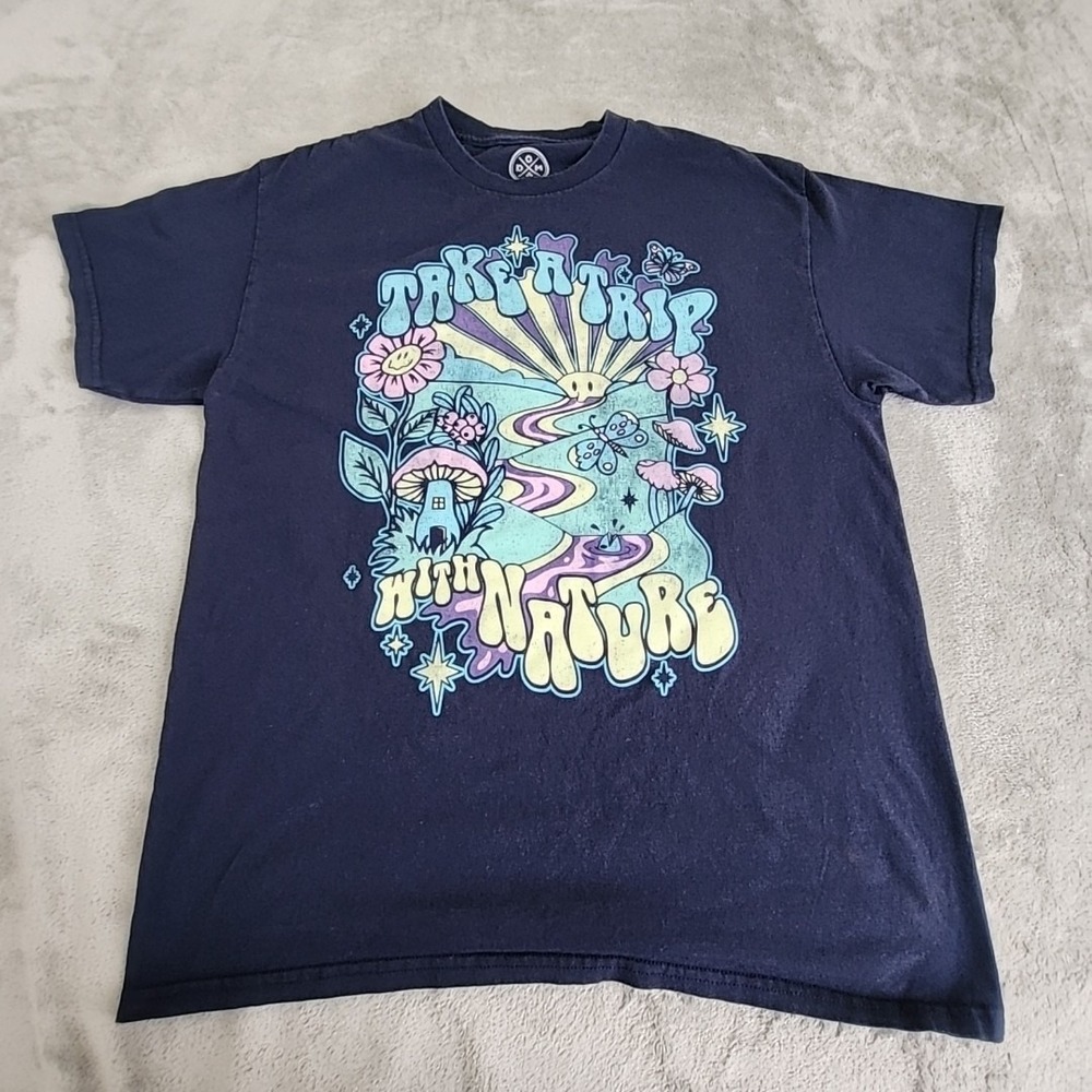 DOM‎ Shirt Womans Large Blue Take A Trip With Nature Crew Neck Casual Hippie